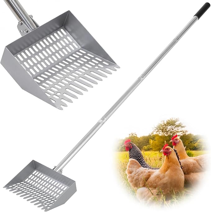 Chicken Poop Scooper Spring Steel Shovel 38-66in Extendable Handle | 3 Adjustable Angle Sifting Shovel Professional Poultry Litter Cleaner for Chicken Coop, Duck, Goat and Sand