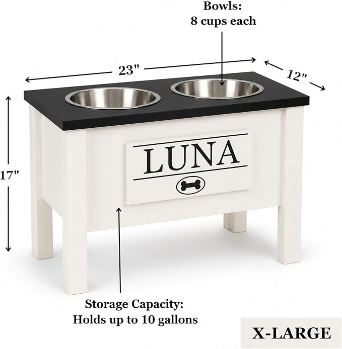Elevated Dog Bowls for Large Dogs, Personalized Food Stand for Large Breed | Farmhouse Style, Elevated Wood Stand, Storage Container, Stainless Steel Bowls, Raised Anti-Slip Feeder, Made in USA