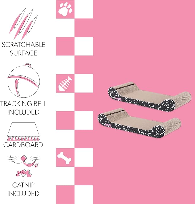 Montego 27.5" Cardboard Cat Scratcher Lounge Bed, Corrugated Sofa Pad with Catnip, Recyclable Furniture Protector for Large Indoor Kittens, Pink/Red CSR1004A