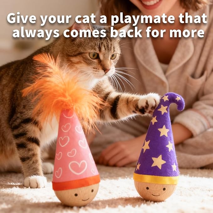 Lulu's world Wooden Interactive Cat Toy with Catnip - Niuniu Tumbler Wobble Toy for Indoor Cats, Self-Righting Chaser with Orange Feather (Pink)
