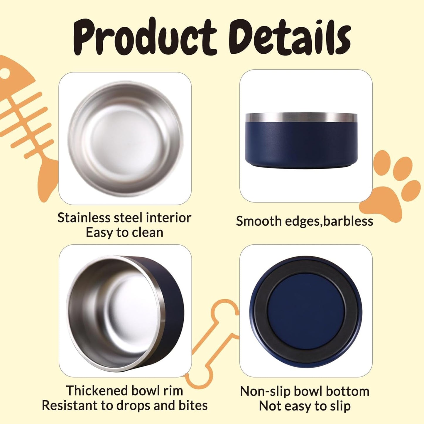 64OZ Personalized Dog Bowl Laser Engraved Custom Pet Name 18/32/42/64 oz No Slip Stainless Steel Insulated Bite-Resistant Food Water Dishes-White