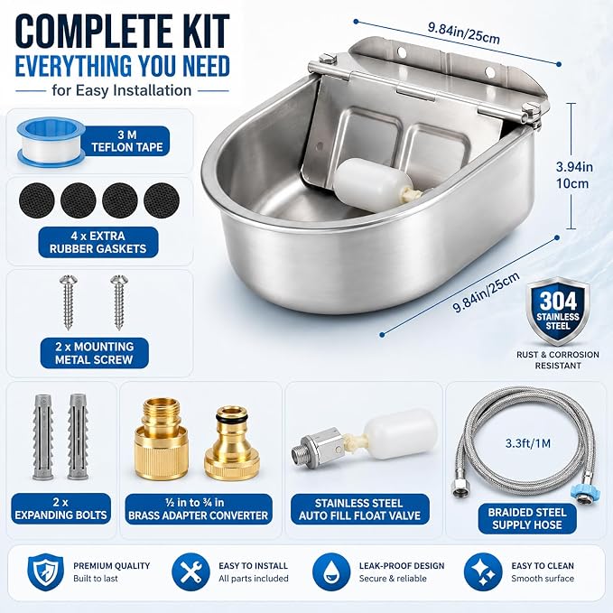 FHTONGE 304 Stainless Steel Automatic Dog Water Bowl Dispenser with Outfall | Float Valves Auto Fill, Wall-Mounted Dog Waterer for Outdoor Big Dog Livestock Poultry Horse Cow Goat Pig Chicken Duck Rabbit