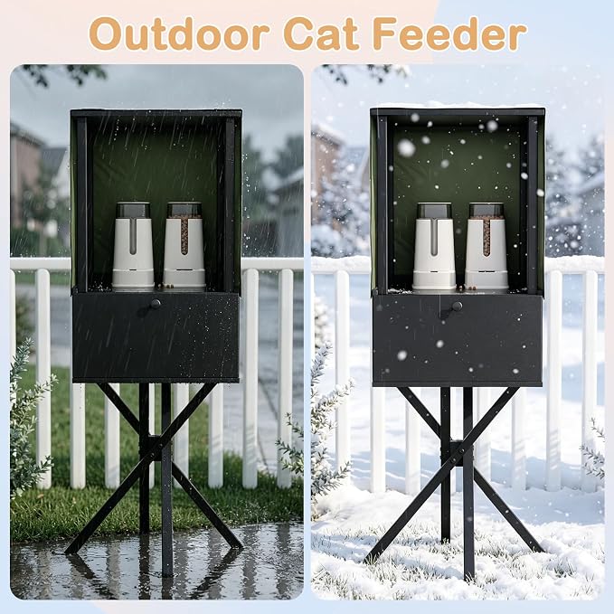 PAKASEPT Outdoor Cat Feeding Station with Camouflage Cover, Weatherproof Elevated Cat Feeder Shelter with Stand, Dog/Raccoon Proof Cat Food Storage Cabinet for Outside Feral Cats