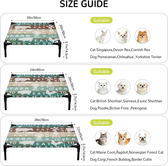 Outdoor Elevated Dog Bed for Small Dogs, Farmhouse Barn Breathable Cooling Raised Dog Cot for Indoor/Outdoor, Cow Pig Chicken Windmill Wooden Plank Waterproof Elevated Pet Beds, S 20 x 20 in