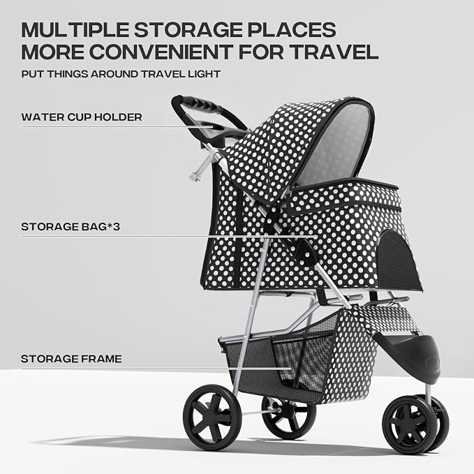 Pet Stroller for Small Dogs 10 lbs, Dog Stroller for Medium Dogs 30 lbs, Cat Strollers for 2 Cats, 3 Wheels Foldable Jogger Puppy Stroller with Storage Basket and Cup Holder, Black Polka Dots