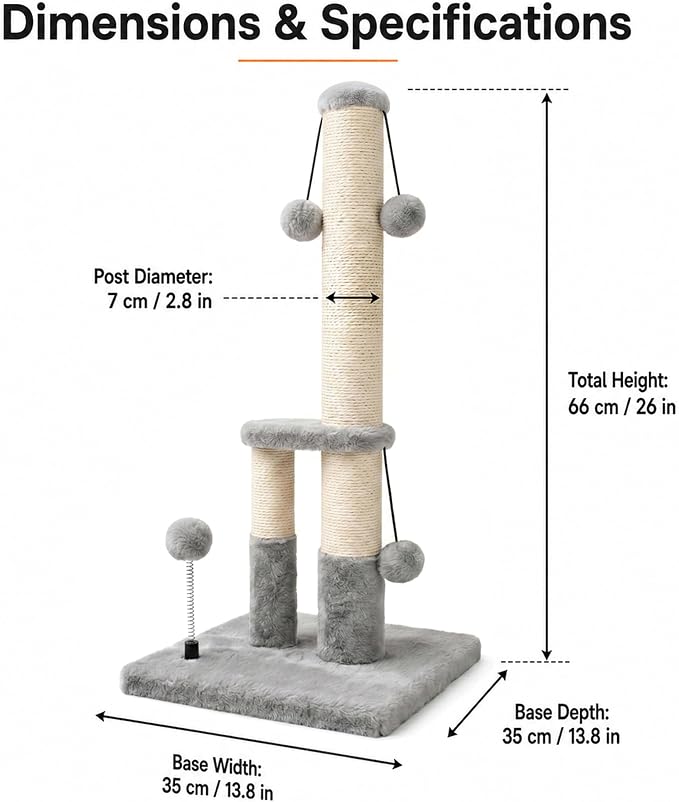 Dimaka Tall Cat Scratching Post, Double Lower Posts Extra Stable Cat Post Tree Scratcher with Sisal Rope and Teasing 4 Balls Total Large Base (Grey)