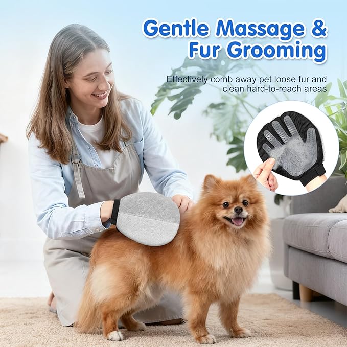 Pawaboo 2 Pack Pet Hair Removal Gloves, Dual-Side Electrostatic Hair Removal & Silicone Fur Brush for Dogs and Cats, Reusable Five-Finger Pet Fur Grooming Glove for Couch Carpet Clothes, Grey