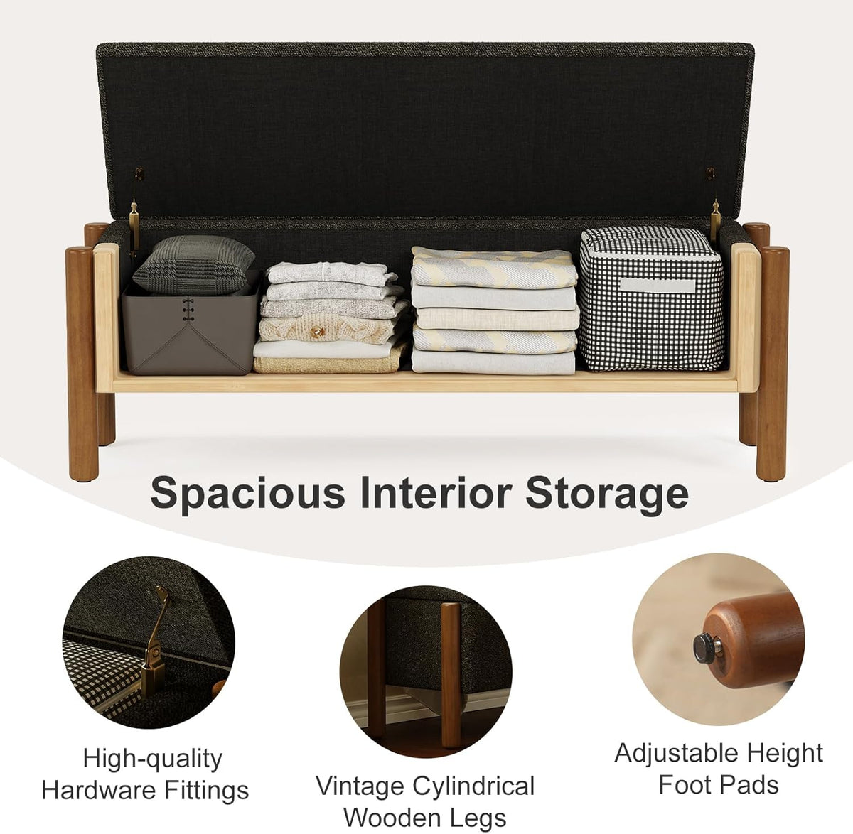 Storage Ottoman Bench, End of Bed Bench for Bedroom, 47" Boucle Upholstered Entryway Shoe Seat Benchs, Holds up to 660 lb Storage Ottoman, Padded Blanket Chest Stool Foot Rest for Living Room Black