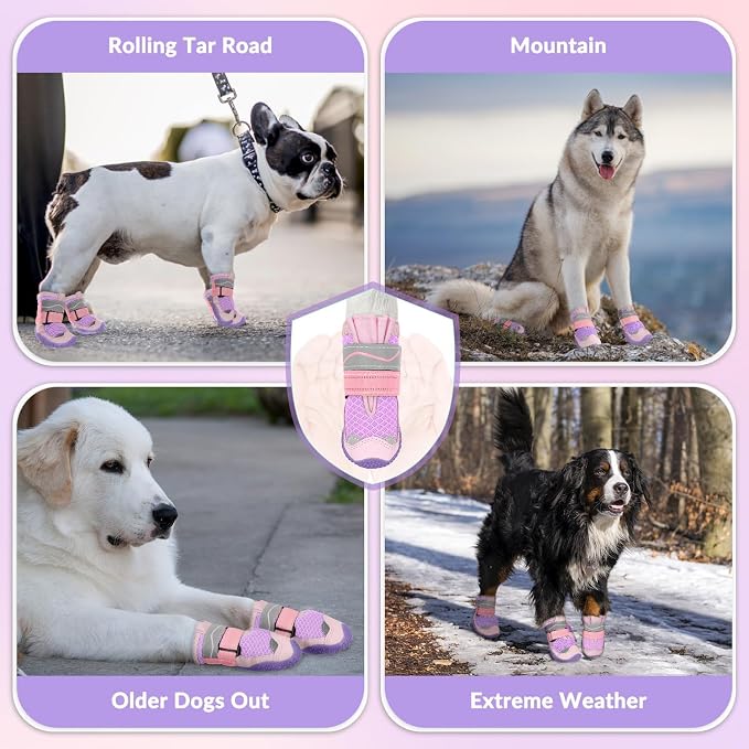 SlowTon Dog Shoes for Large Small Medium Dogs - Breathable Dog Boots for Summer Hot Pavement, Paw Protector for Outdoor Walking Winter Snow, Anti-Slip Rubber Dog Booties for Hardwood Floor (PI, 3)