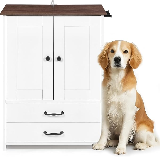 Dog Feeding Station Storage Cabinet: Pet Feeder Container Cabinet with 2 Hidden Raised Dog Bowls Drawers for Feeding & Watering Supplies