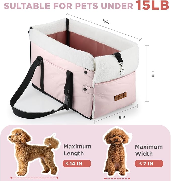 Center Console Dog Car Seat for Small Dogs,PU Leather Small Dog Car Booster Seat,Washable Foldable with Safe Protection Hooks Adjustable Straps and Storage Pocket Pet Up to 15lbs-Pink