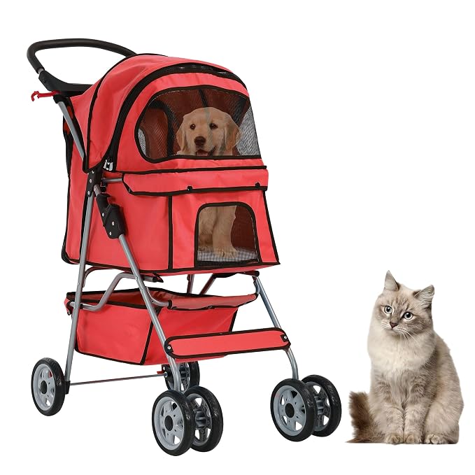 Pet Stroller for Small Medium Dogs & Cats, 4-Wheel Breathable Compact Foldable Dog Carrier with Storage Basket, Outdoor Portable Lightweight Travel Stroller for Camping,Red