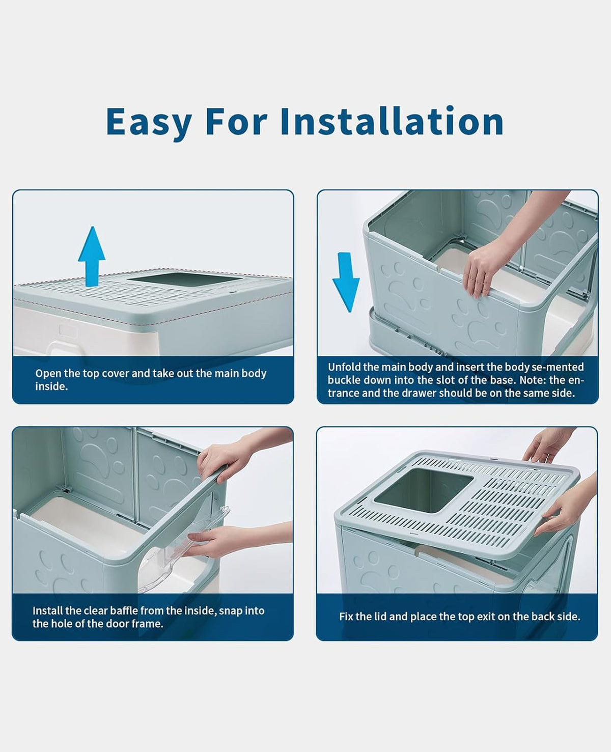 Cat Litter Box with Litter Mat and Scoop, Large Foldable Litter Box with Lid, Front Entry Top Exit Kitty Box, Odor Control, Easy to Clean (Blue)