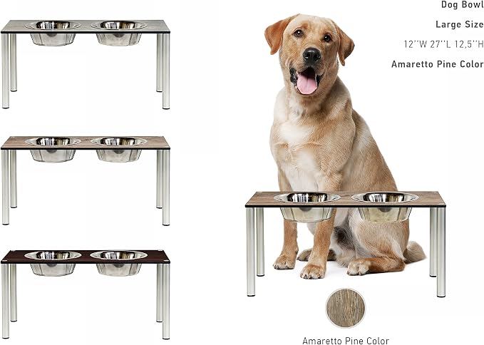 Raised Pet Bowls for Cats and Dogs, Outdoor Elevated Dog Cat Food and Water Bowls Stand Feeder on Aluminum Legs with 2 Stainless Steel Bowls Sizes for Small Medium and Large Dogs. - Large (Amaretto)
