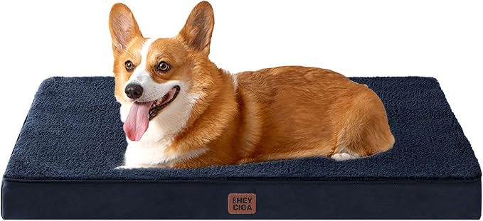 EHEYCIGA Orthopedic Dog Bed Large with Removable Washable Cover, 35IN Navy | Egg Crate Foam Support, Durable Oxford fabric, Non-Slip Bottom, Machine Washable, Soft Waterproof Plush Pet Bed Mat For Crate
