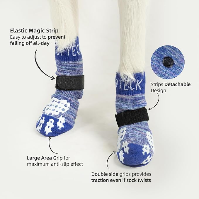 PUPTECK Anti-Slip Dog Socks with Double Sides Grips for Small Medium Large Dogs Hardwood Floors Prevents Licking, Dog Shoes for Hot Pavement Traction Control for Senior Dogs, Royal Blue, XL