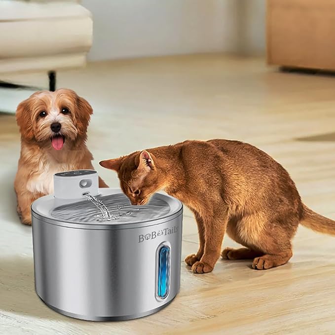 135oz/4L Stainless Steel Cat Water Fountain - Ultra-Quiet Automatic Pet Drinking Fountain for Cats&Dogs Indoor, Automatic Dog Watering Dispenser Bowl with Watering Level Window and Filter (Silver)