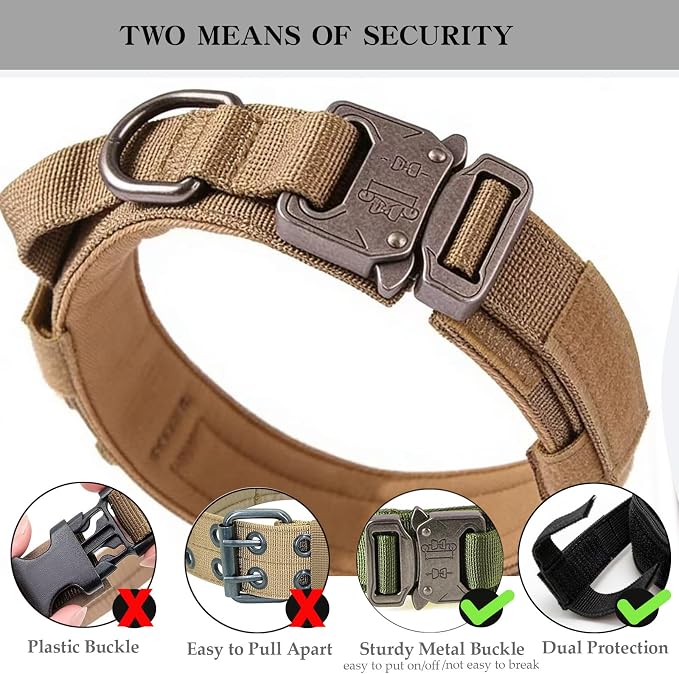 Tactical Dog Collar Adjustable Military Nylon Dog Collar with Control Handle and Heavy Duty Metal Buckle for Medium and Large Dogs (Brown,L)