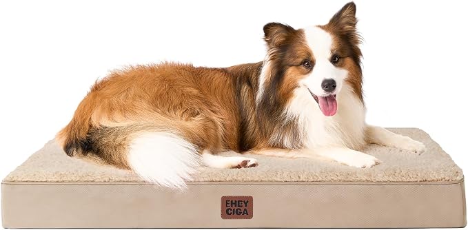 EHEYCIGA Orthopedic Dog Bed Large with Removable Washable Cover, 41IN Khaki | Egg Crate Foam Support, Durable Oxford fabric, Non-Slip Bottom, Machine Washable, Soft Waterproof Plush Pet Bed Mat For Crate