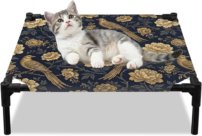 Outdoor Elevated Dog Bed for Small Dogs, Vintage Flowers Breathable Cooling Raised Dog Cot for Indoor/Outdoor, Birds on Branch Floral Elegant Plants Waterproof Elevated Pet Beds, S 20 x 20 in