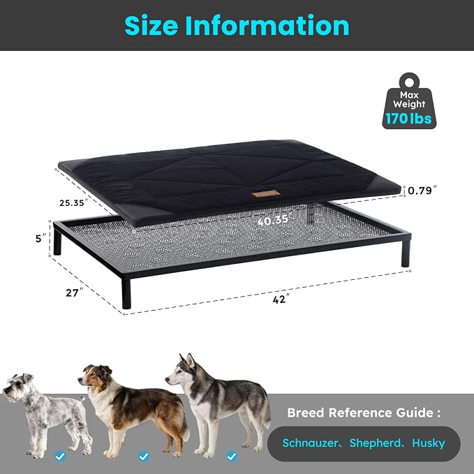 ZOMISIA Chew Proof Elevated Dog Bed for Large Dogs, 42" x 27" x 5", Black | Indestructible Raised Pet Cot for Indoor & Outdoor Use, with Removable Waterproof Padded, Non-Slip & Washable, Easy to Clean