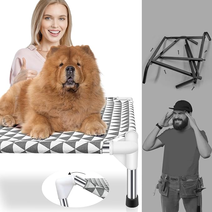Kuntrust Elevated Outdoor Dog Bed, Medium Size, Cotton Material, Non-Slip Feet, Fits up to 70lbs | Breathable Fabric, Dual-Layer Cotton, Stainless Steel Frame, Anti-Slip Feet
