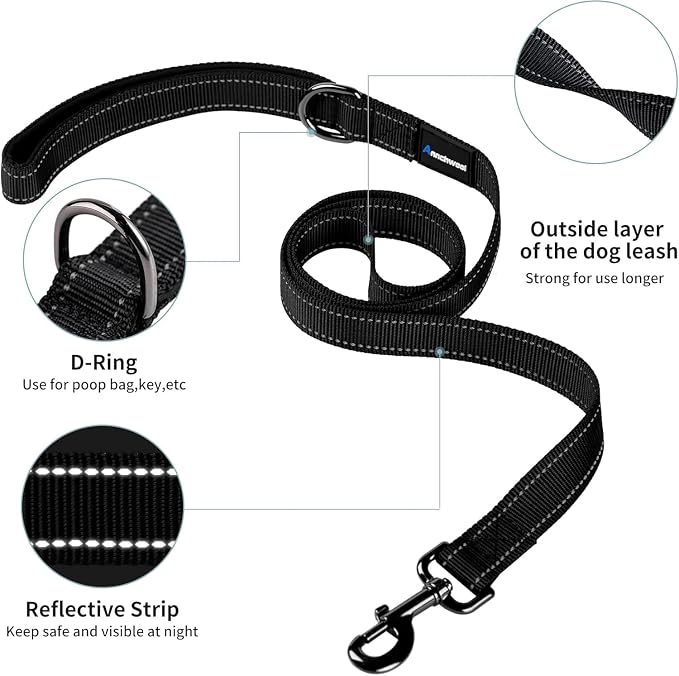 Annchwool No Pull Dog Harness with Padded Handle+5 Ft Leash,Reflective Strip Escape Proof and Quick Fit to Adjust Dog Harness,Easy for Training Walking for Small & Medium and Large Dogs(Black-Set,L)