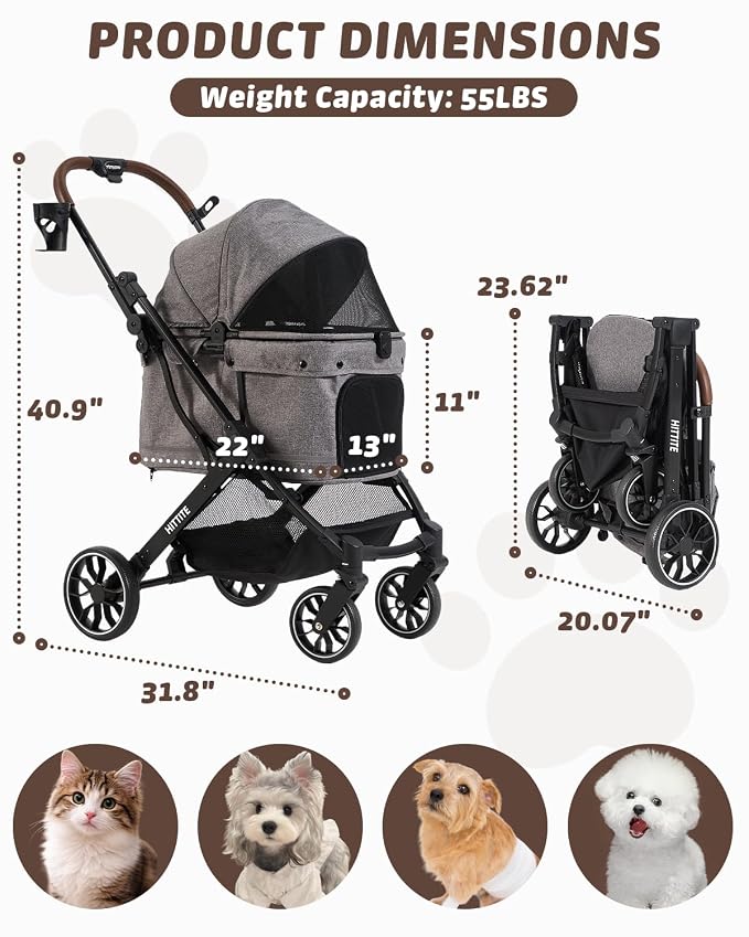 HITTITE Pet Stroller with Weatherproof Cover, All-Terrain 4-Wheel Cat & Dog Stroller with Adjustable Canopy, Foldable Dog Strollers with Storage Basket for Small to Medium Dogs Up to 55 lbs.