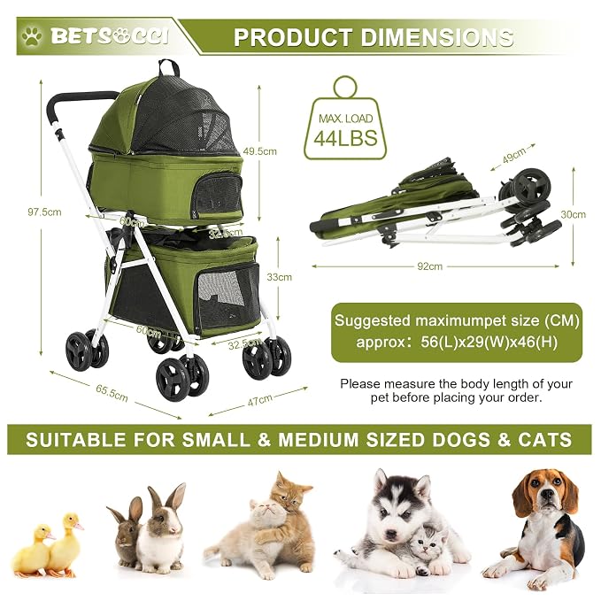Double Dog Stroller with 2 Detachable Carrier, Portable Pet Stroller for Small Dogs & Cats Folding Lightweight Puppy Travel Carriage, 4 Wheels, Olive Green