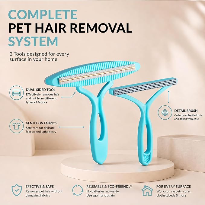 2 Pack Set Pet Hair Removal Tool – Dual-Head Copper & Plastic Scraper for Carpet, Furniture & Car, Reusable Lint Remover for Embedded Dog & Cat Hair
