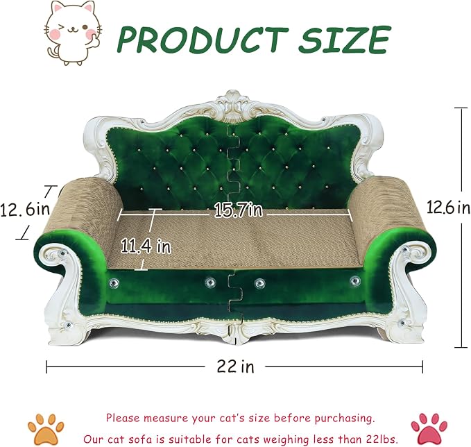 Luxury Cardboard Cat Scratcher Sofa Bed, Couch Shaped Cat Scratching Board, Cat Scratch Lounge with Catnip, Cat Scratcher for Indoor Cats (Green Crown)