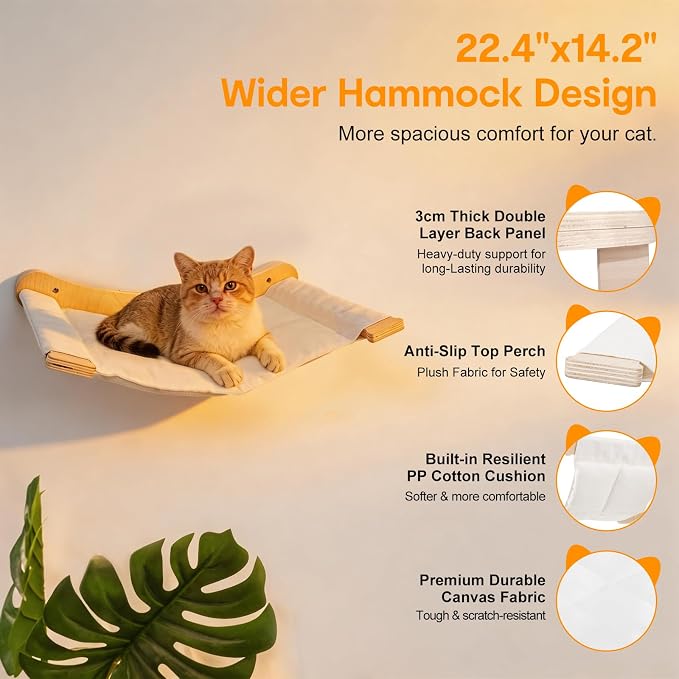 8-in-1 Cat Wall Shelves for Large Cats, Wall Mounted Cat Furniture with Feeding Station&Extra Wide Hammock, Heavy Duty Cat Climber for Indoor Cats to Sleep Play & Eat, 44lbs Capacity, Wood