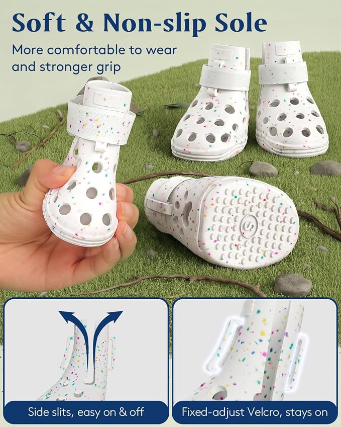 Dog Shoes for Hot Pavement, Breathable Dog Boots Paw Protectors with Adjustable Straps & Non-Slip Sole, Easy On & Off, Waterproof, Easy-Cleaning (White Star Confetti, XS)