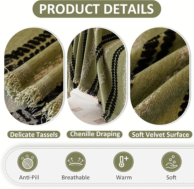 VClife Chenille Sofa Cover Bohemian Striped Pattern Couch Cover for 3 Cushion Sofa - Sage Green Black Textured Sofa Slipcover Washable Furniture Protector for Couch Decorative Couch Cushion Cover