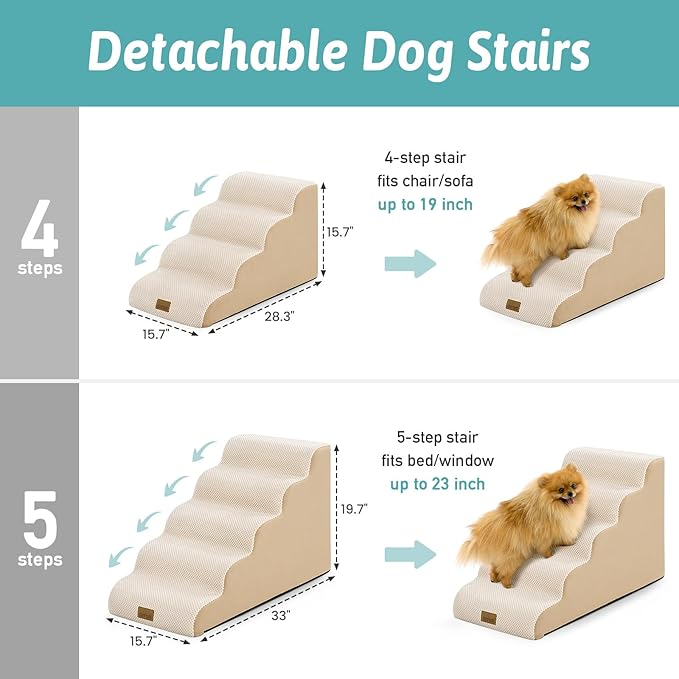 Dog Stairs for Small Dogs 15.7" H, 4-Step Sturdy Foam Dog Steps for Couch and Bed, Curved Pet Stairs for Puppy and Older Cat, Doggie Ladder with Washable Cover, 15.7x28.3x15.7 inch, Beige