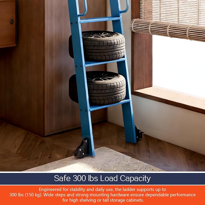 DIYHD 108" Rolling Library Ladder with Handrail, 4FT Sliding Rail, Blue | 9-Step lightweight ladder with space-saving upright storage, Telescopic top hooks, Locking bottom rollers, 300lbs capacity