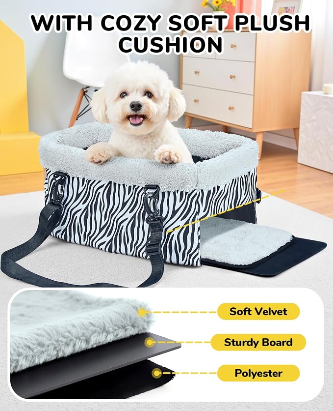 BurgeonNest Center Console Dog Car Seat for Small Dogs up to 9 lbs Cute Zebra Print
