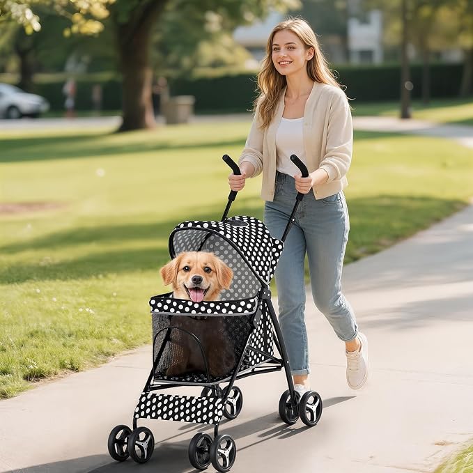 Pet Stroller for Small Dogs & Cats - 10-22lbs, Rear Storage, Black Polka Dots
