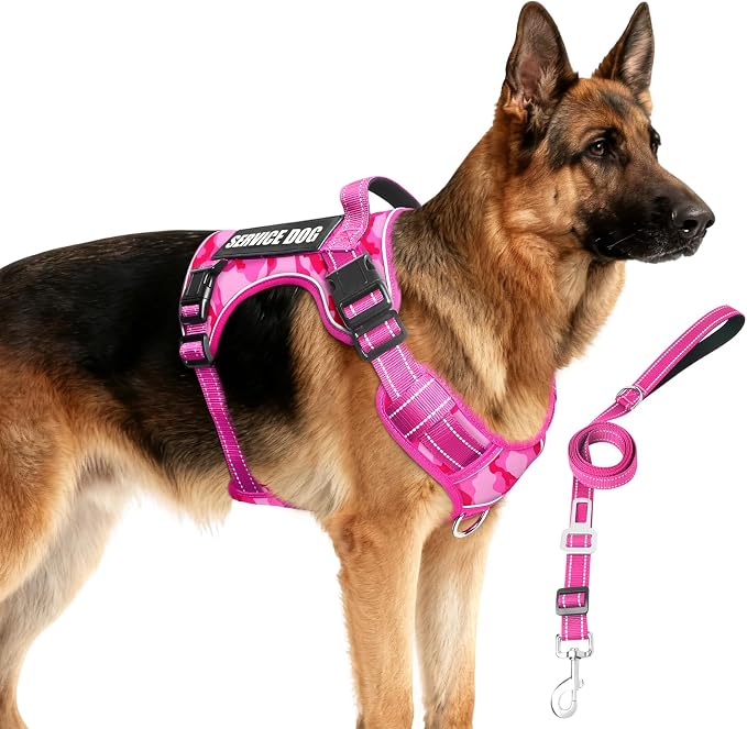 Tactical Dog Harness and Leash Set with 10 Patches for Large Dogs | Heavy Duty No Pull Service Dog Vest with Dog Seat Belt ,Adjustable Reflective Easy Walk for Training Hiking Camo Pink XL