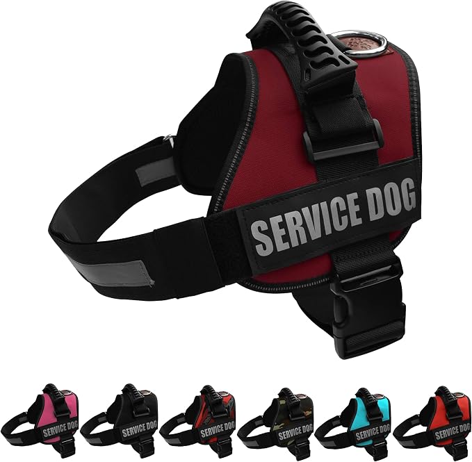 Service Dog Vest Harness – Reflective Service Animal Vest, No-Pull Harness with Handle & Mesh Padding – Sizes XXS-XL for Puppies – 2 Removable Service Patches Included (Medium, Maroon)