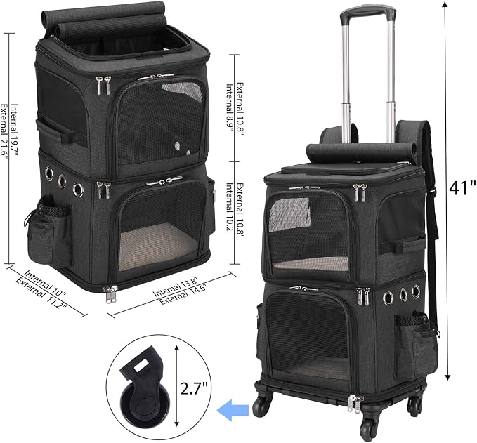 HOVONO Double-Compartment Cat Carrier Backpack with Wheels for Two Pets | Pet Rolling Carrier for Smalls Cat and Dogs, Perfect for Traveling / Walking/ Vet, Up to 12 lbs each, Black