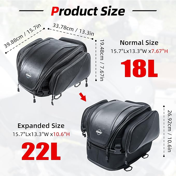 Motorcycle Tail Bag, Upgrade 18L-22L Expandable Sissy Bar Motorcycle Backpack, Waterproof Motorcycles Seat Travel Rear Rack Bag, Motorbike Helmet Bag with Waterproof Rain Cover