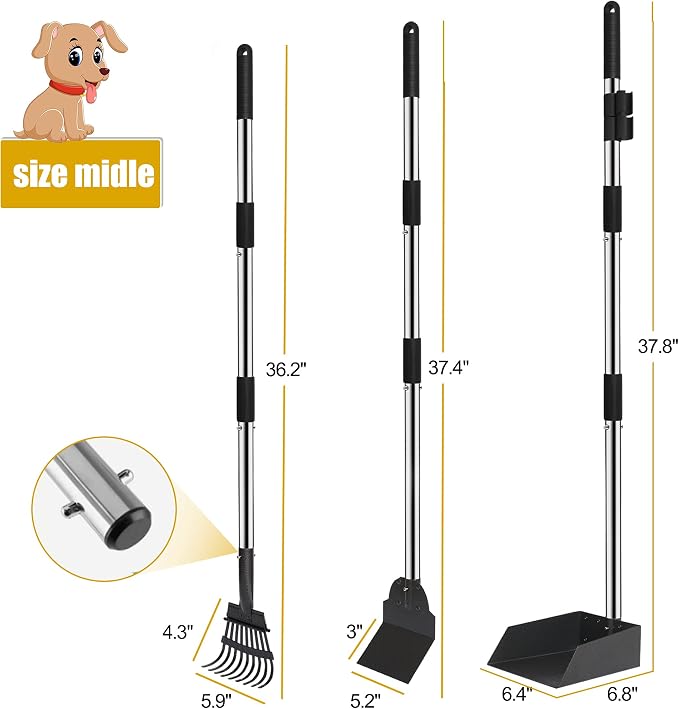 Niubya Pooper Scooper for Dogs, Metal Poop Scooper Tray and Rake Set with Adjustable Long Handle, Dog Pooper Scooper for Pet Waste Removal