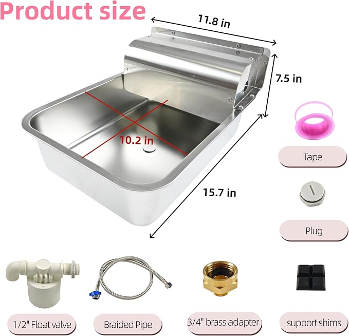 Automatic Dog Water Dispenser,Wide Mouth Design,Water Level Control | 11L Stainless Steel Outdoor Dog Water Bowl,with Float Valve Auto Refill for Dogs, Alpacas & Livestock,with 3/4" Brass Adapter