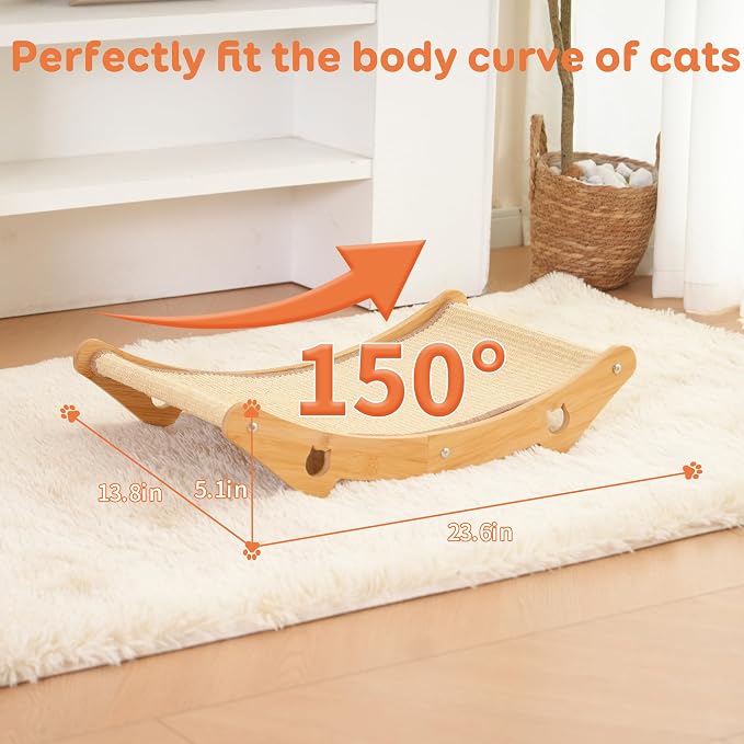 Cat Scratcher Hammock Bed, U-Shaped Wood Sisal Lounger, Furniture Protector | pingping-go, 23.6 x 13.8 Inch, Wood Frame, Natural Sisal, Indoor & Outdoor, for Large Cats
