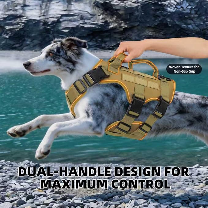 Reflective Tactical Dog Harness with AirTag Holder&3 Pet Patches, Khaki M | Heavy Duty No Pull Dog Harness, Adjustable Dog Harness, Two Handles, Breathable Mesh Padding, Resists Dirt and Stay Clean