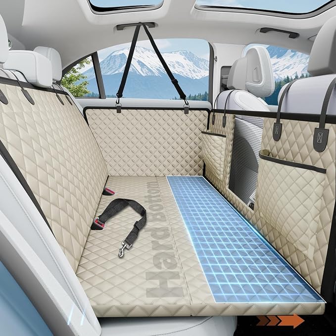 Dog Car Seat Cover for Back Seat,Hard Bottom Hammock Hold 400lbs For Cars | Khaki,Waterproof,Anti-Scratching,Safety Non-Slip,600D Oxford,Mesh Window,Storage Pocket,for Cars/SUV/ Sedans/MPV
