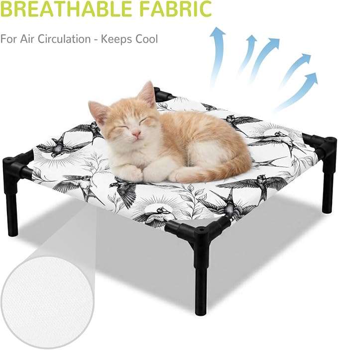 Outdoor Elevated Dog Bed for Small Dogs, Birds Leaves Breathable Cooling Raised Dog Cot for Indoor/Outdoor, Spring Farmhouse Botanical Animals Vines Waterproof Elevated Pet Beds, S 20 x 20 in