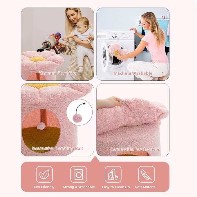 PETEPELA Cat Beds for Indoor Cats, Small Cute Cat Tree House with Removable Flower Cat Bed, Cat Hideaway, Indoor Cat House Condo, Cat Accessories, 20X20X16 Inches, Pink