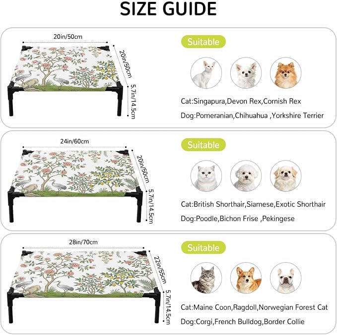 Outdoor Elevated Dog Bed for Medium Dogs, Pink Flowers Breathable Cooling Raised Dog Cot for Indoor/Outdoor, Trees Weeping Spring Floral Birds Waterproof Elevated Pet Beds, M 24 x 20 in